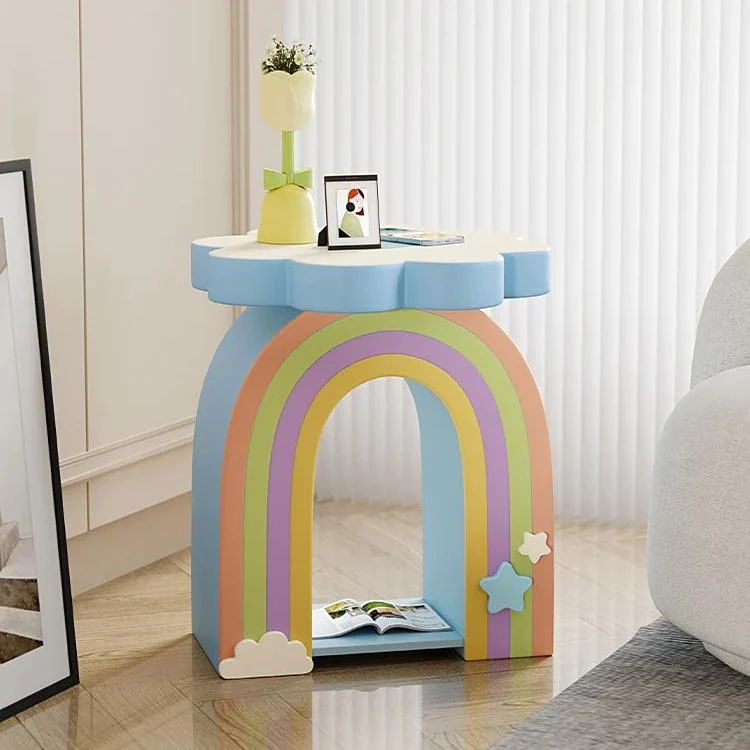 Rainbow flower shaped kawaii bedside table in multicolour pastel tones